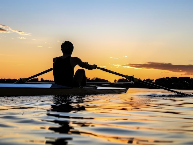 Rower at Sunset on Serene Lake