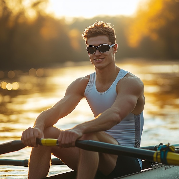 Photo a rower with a rowing shell oars and team uniform on a river