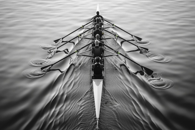 Photo rowing team in action a black and white perspective