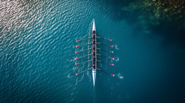 Rowing Team in a Rowboat on a Blue Lake