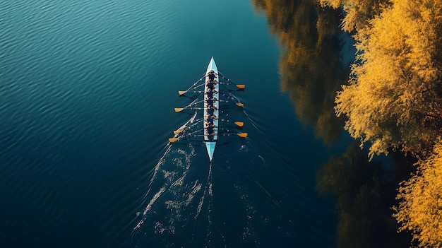 Rowing Team in a Rowboat on a Calm Lake with Fall Foliage