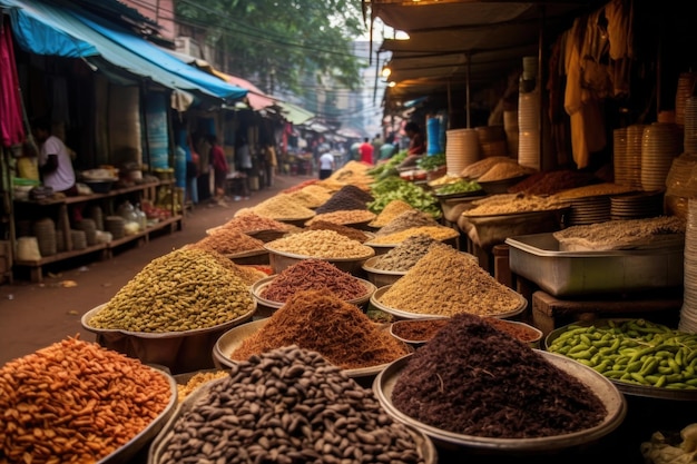 Rows of aromatic spices and herbs in a street market created with generative ai