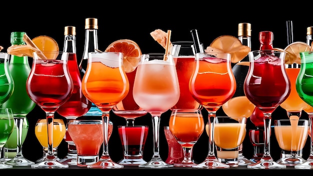 Photo rows of beautiful multicolored bright green red orange white alcohol tasty sweet delicious shots drinks in drinking glasses standing on bar on black background closeup studio horizontal picture