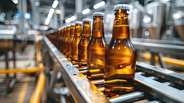 Rows of beer bottles on an industrial manufacturing conveyor belt