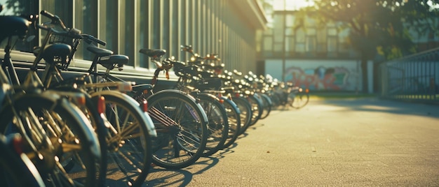 Rows of bicycles are neatly lined up along a sunlit pathway casting long shadows as the sun sets creating a scene of tranquility and order