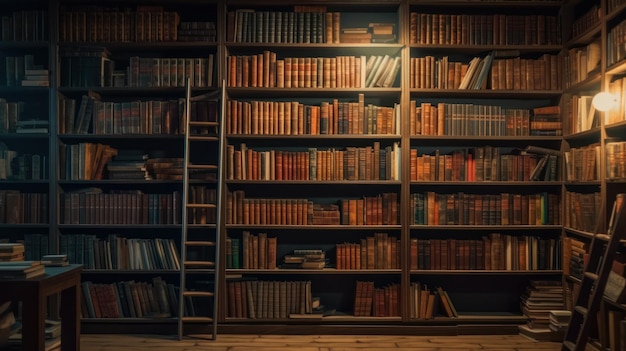 Rows of books on shelves in a library Developing space Al generated