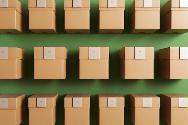 Rows of cardboard boxes on green background space for text