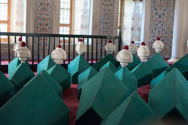 Rows of coffins in ottoman mausoleum tomb