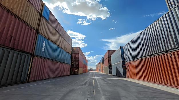 Rows of colorful cargo containers at a shipping yard under a bright blue sky