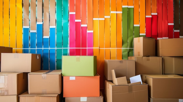 Rows of colorful files and cardboard boxes Image showcases a storage area with multicolored file folders and stacked boxes