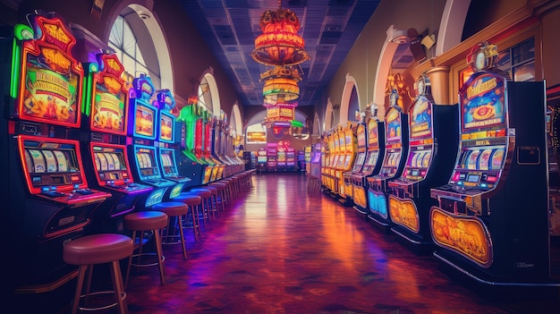 Rows of colorful slot machines in the casino hall representing the world of excitement