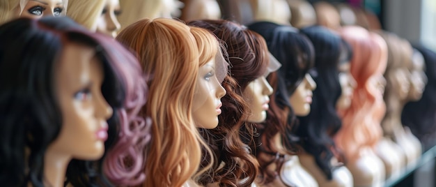 Rows of colorful wigs on display showcasing a variety of hair styles and hues