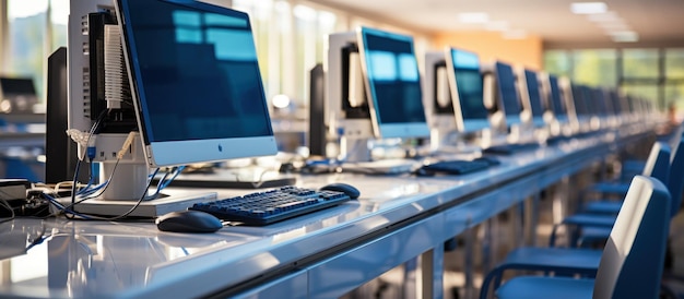 Rows of computers align in a school lab awaiting students to engage in digital learning