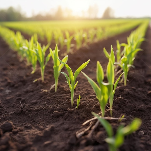 Rows of corn growing in a field with the sun shining on the left side.