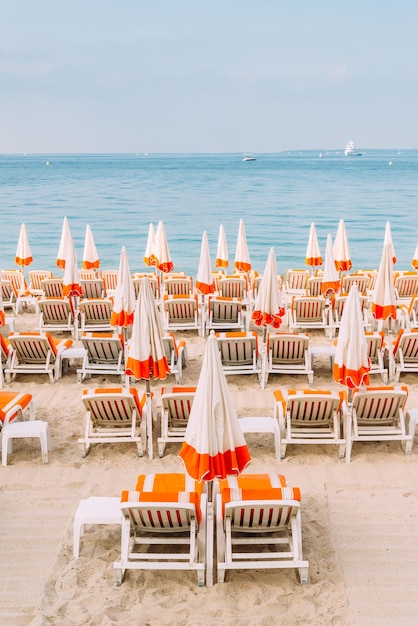 Rows of empty beach lounges in Juan les Pins France