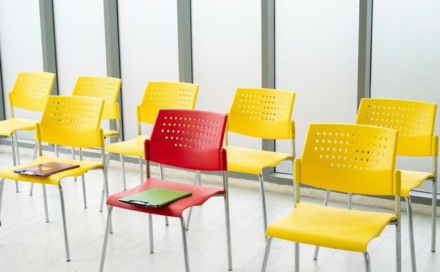 Photo rows of empty chairs await business seminar modern conference room interior corporate meeting space