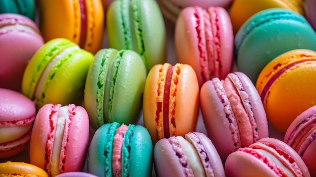 Rows of French macarons in a range of colors form a background of sweet treats offering