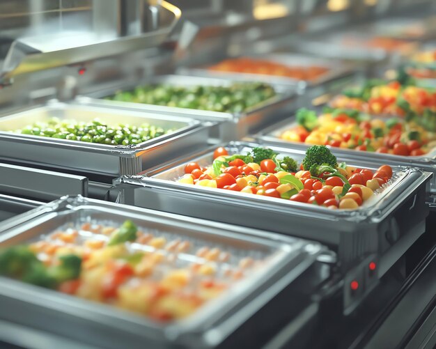 Rows of fresh colorful vegetables displayed in warming trays