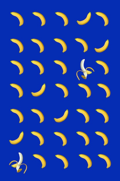 Rows of Fresh Ripe Banana on Royal Blue Background