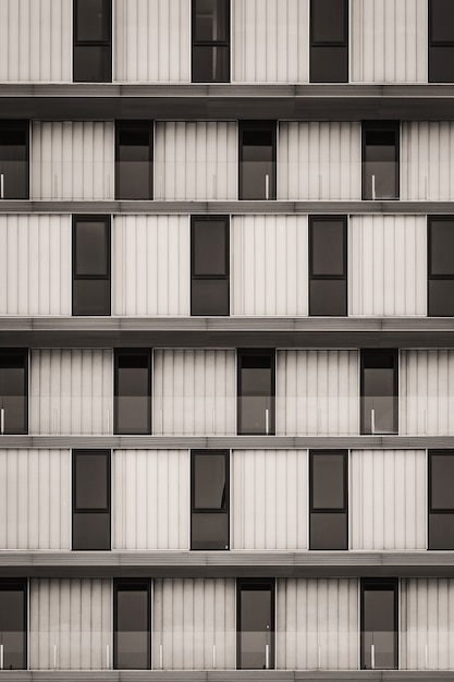 Rows of glazed windows and glass railings of a minimalist urban building in black and white