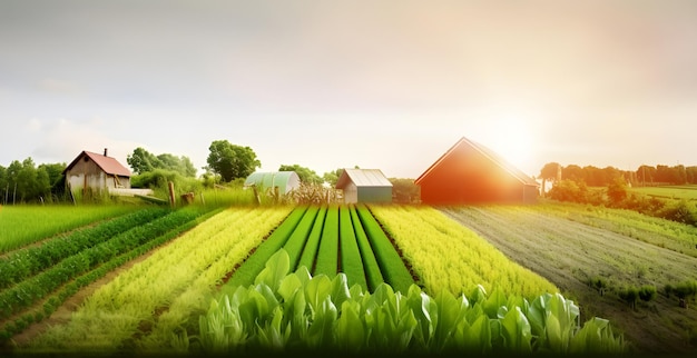 Rows of growing young plants in the field ecological agriculture concept Generative AI