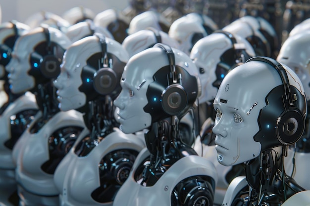 Photo rows of humanoid robots showcasing artificial intelligence