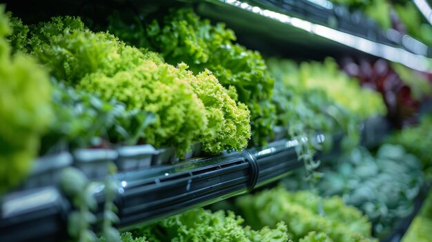 Photo rows of hydroponic vegetables in an indoor farm