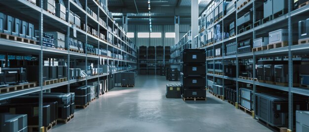 Photo rows of industrial shelves stocked with various electronic items reflecting an organized warehouse environment