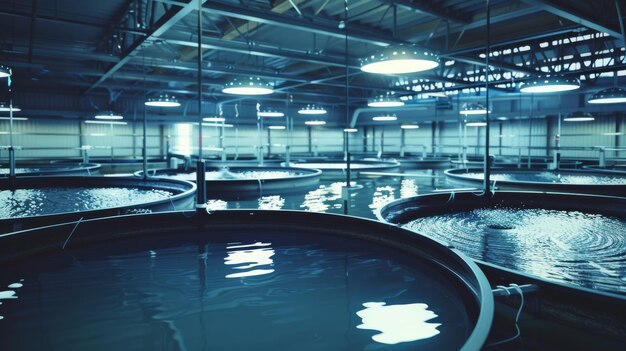 Photo rows of large circular water tanks in an indoor aquaculture facility with modern lighting and clean organized conditions