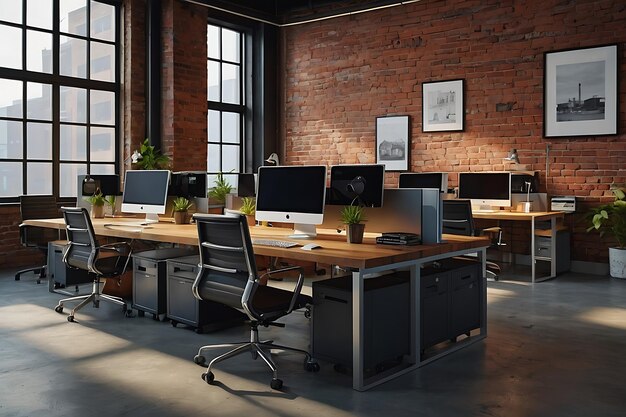 Rows of modern desktops in an openconcept office space