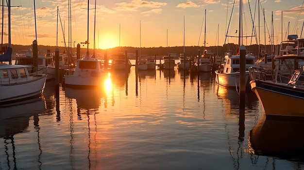 Rows of neatly docked boats reflecting on the calm water Early morning scene at marina