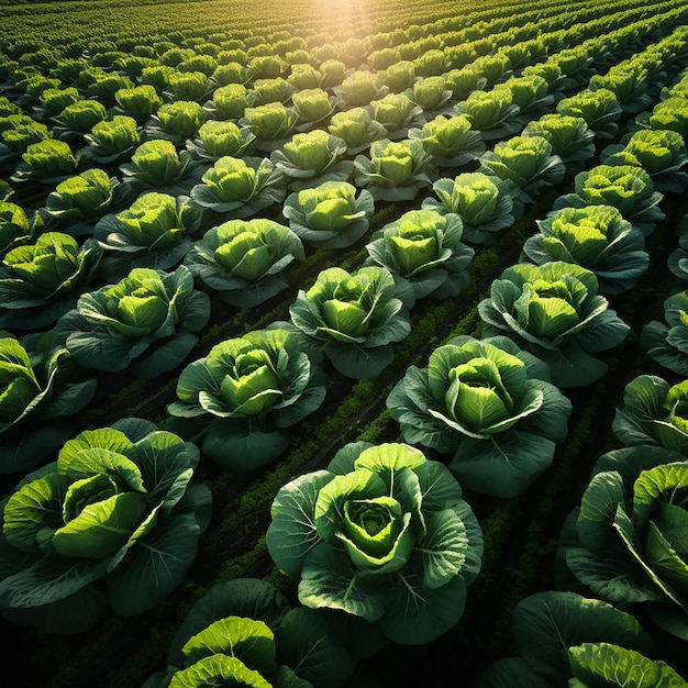 Rows of neatly planted cabbage plants