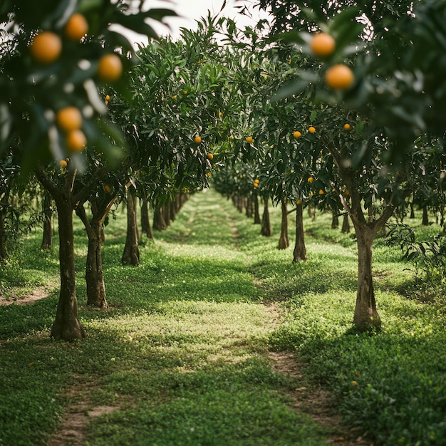 Photo rows of orange trees in a citrus grove with ripe fruit on the branches viewed from a path between the trees