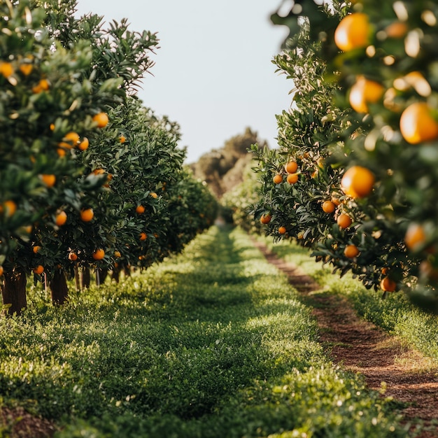 Photo rows of orange trees with ripe fruit on branches and a dirt path between them in an orchard setting