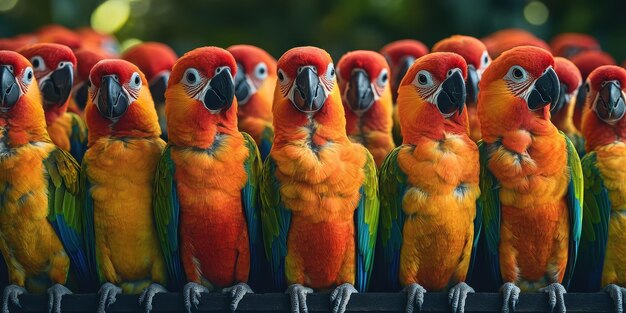 Photo rows of playful parrots interacting with each other