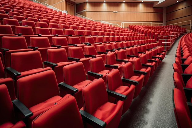 Rows of red chairs in auditorium