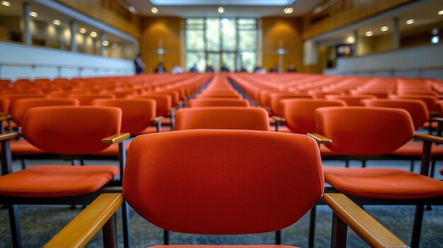 Photo rows of red chairs in a large empty auditorium