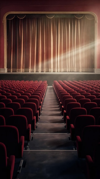 Rows of red empty seats in cinema hall