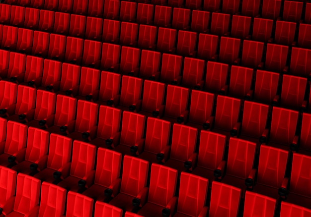 Rows of red velvet seats watching movies in the cinema with copy space banner background Entertainment and Theater concept 3D illustration rendering