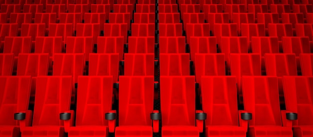 Rows of red velvet seats watching movies in the cinema with copy space banner background Entertainment and Theater concept 3D illustration rendering