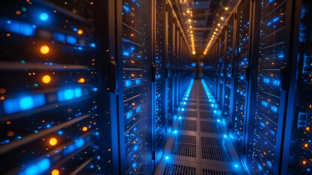 Rows of server racks illuminated like beacons in hightech data storage facility