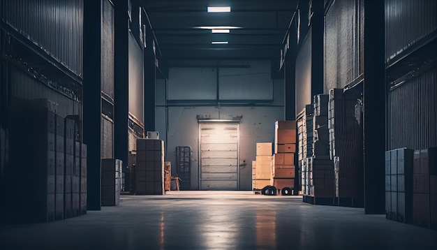 Rows of shelves with boxes in modern warehouse