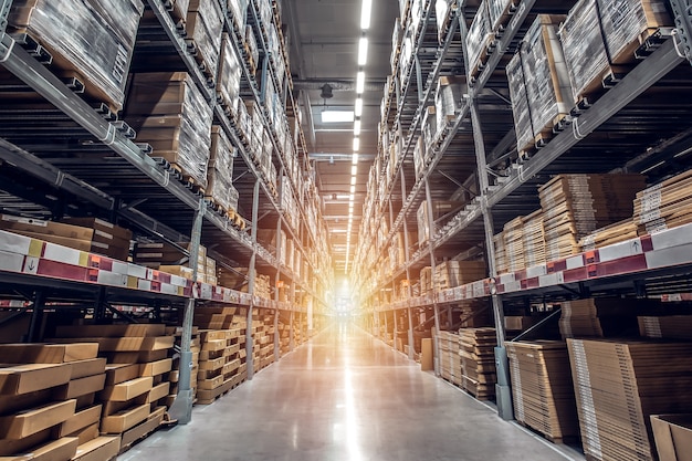 Rows of shelves with goods boxes in modern industry warehouse store at factory warehouse s