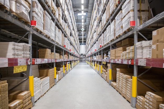 Rows of shelves with goods boxes in modern industry warehouse store at factory warehouse storage