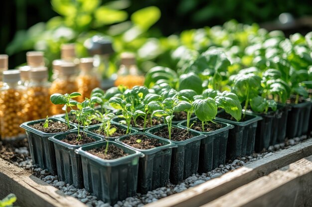 Rows of small green seedlings in black plastic pots growing in a garden bed with soil