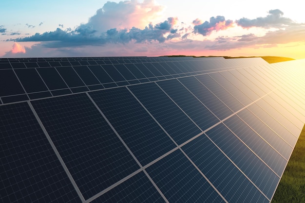 Rows of solar panels at sunset in a field against the backdrop of green grass Ground power plant of alternative electricity