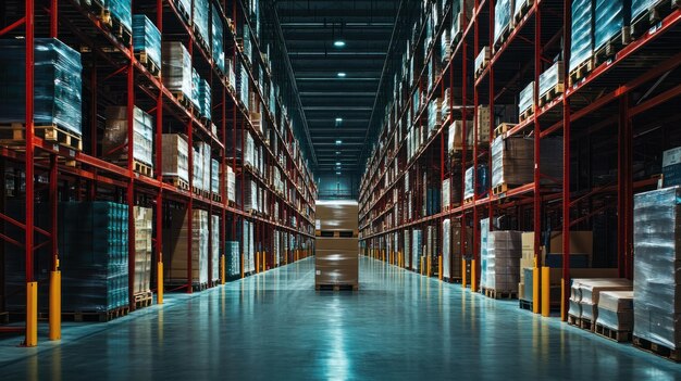 Rows of stacked boxes in a large warehouse with a pallet in the center aisle