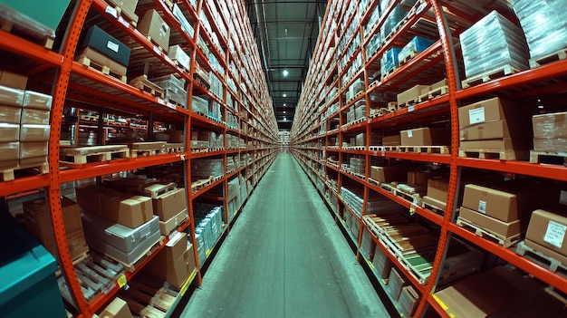 Rows of stacked boxes in a warehouse aisle