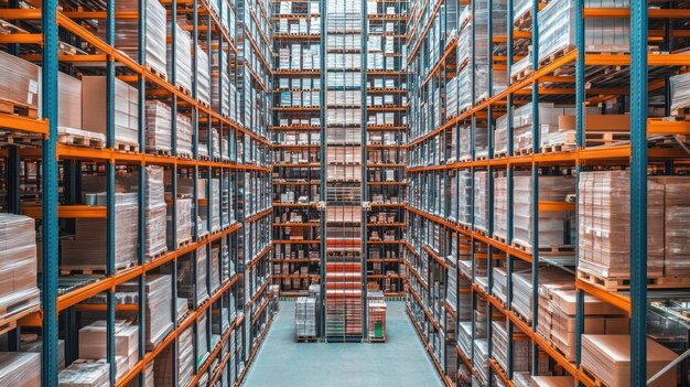 Rows of stacked cardboard boxes in a large warehouse