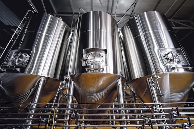 Rows of steel tanks for beer fermentation and maturation in a craft brewery